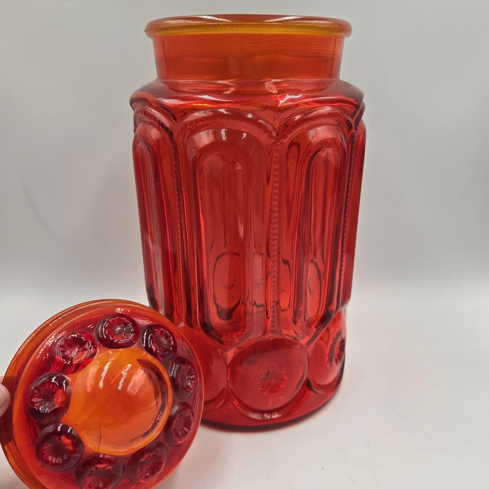 LE Smith Amberina Moon & Stars Red Orange Large Glass Canister W/ Lid Vtg MCM